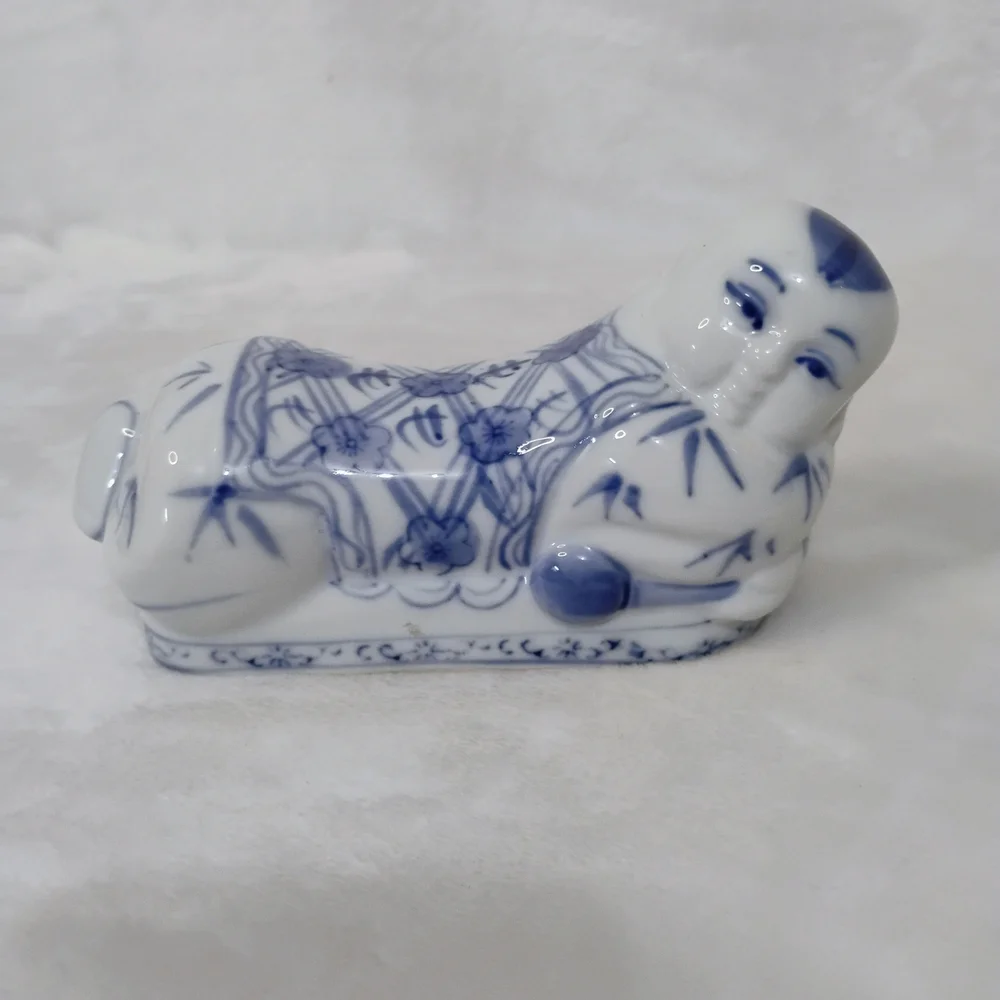 Chinese‎ Opium Pillow Blue & White Hand Painted Buddha Reclining Boy